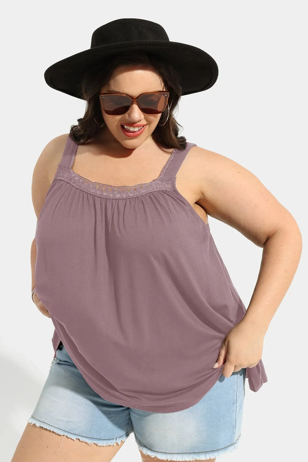 Ritera Sexy Lace Square Neckline Pleated Tunic Tank