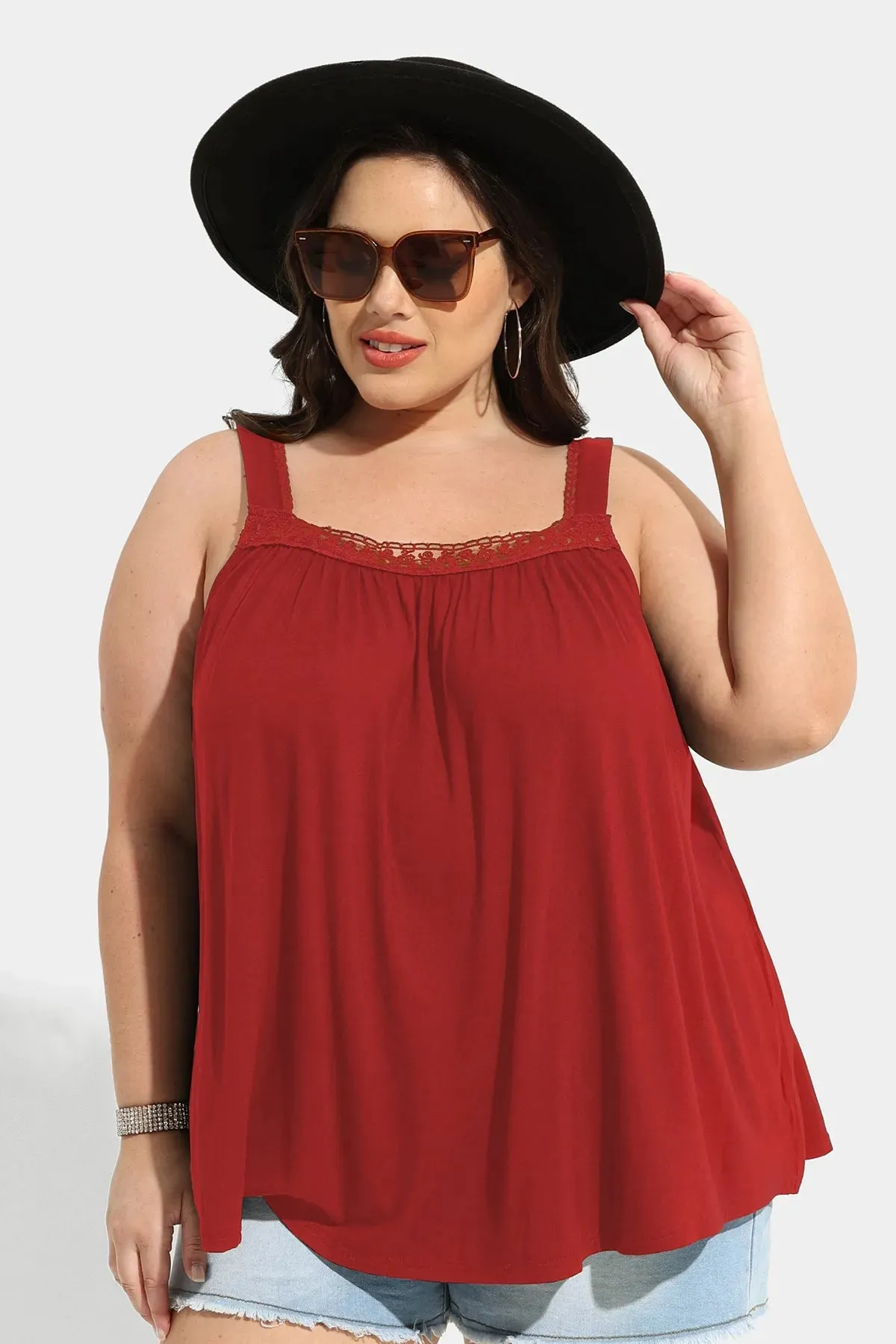 Ritera Sexy Lace Square Neckline Pleated Tunic Tank