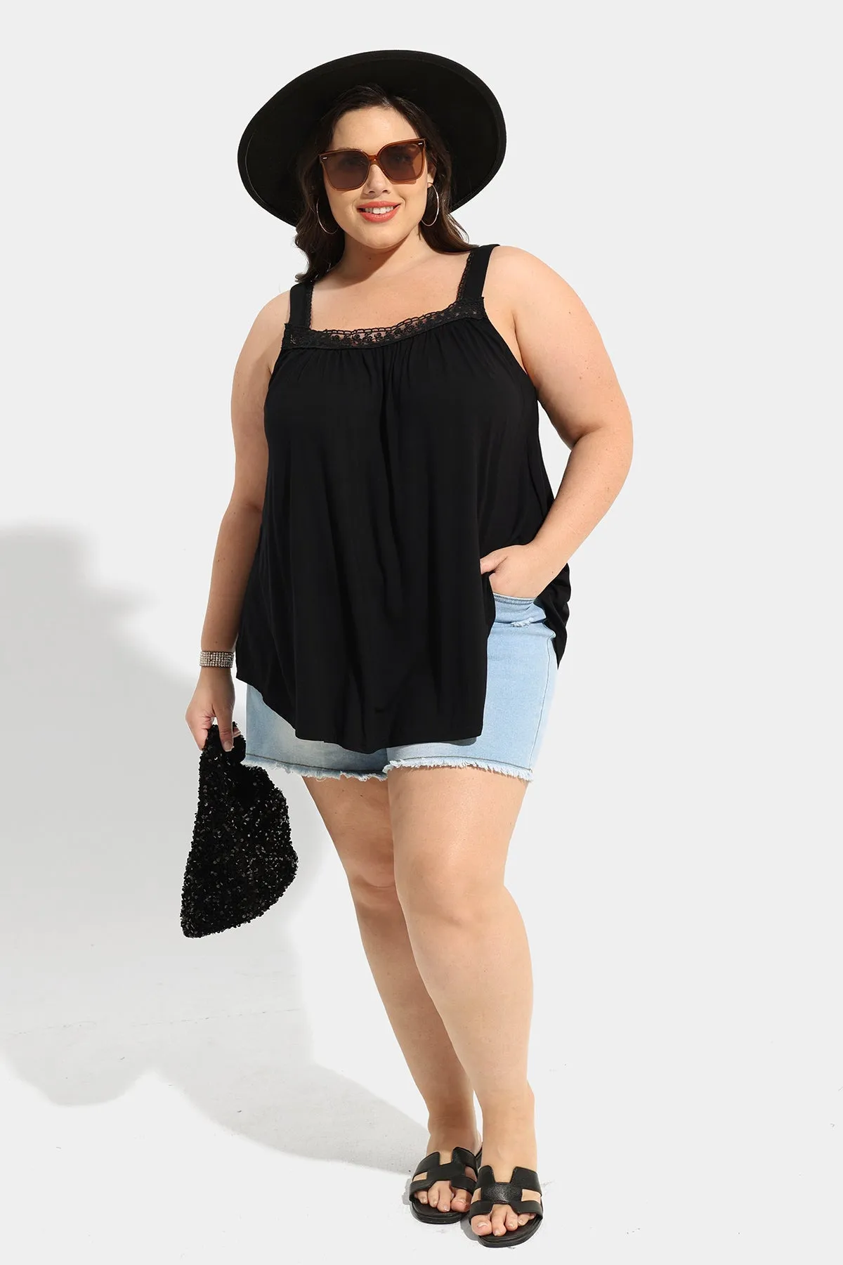 Ritera Sexy Lace Square Neckline Pleated Tunic Tank