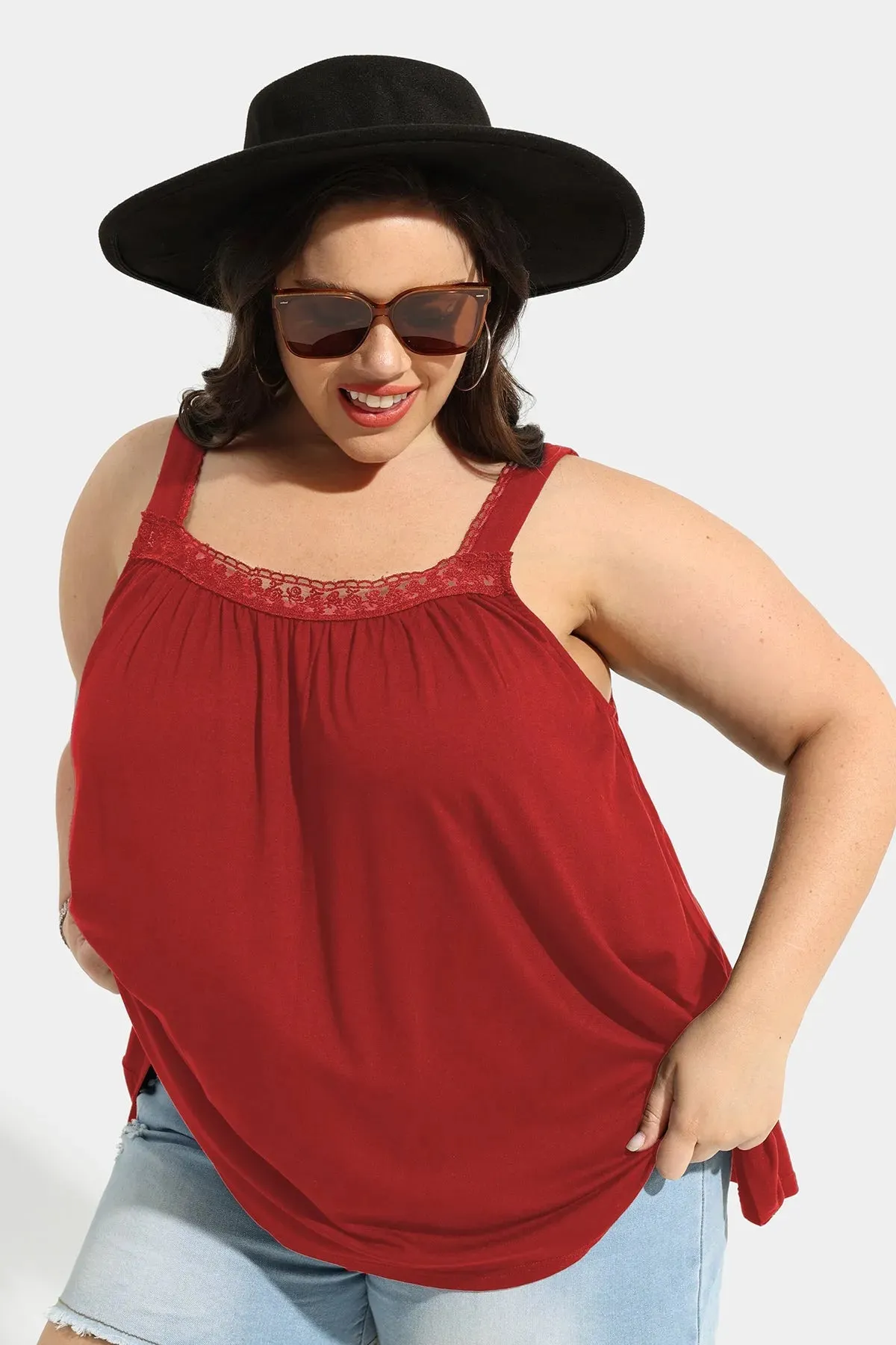 Ritera Sexy Lace Square Neckline Pleated Tunic Tank
