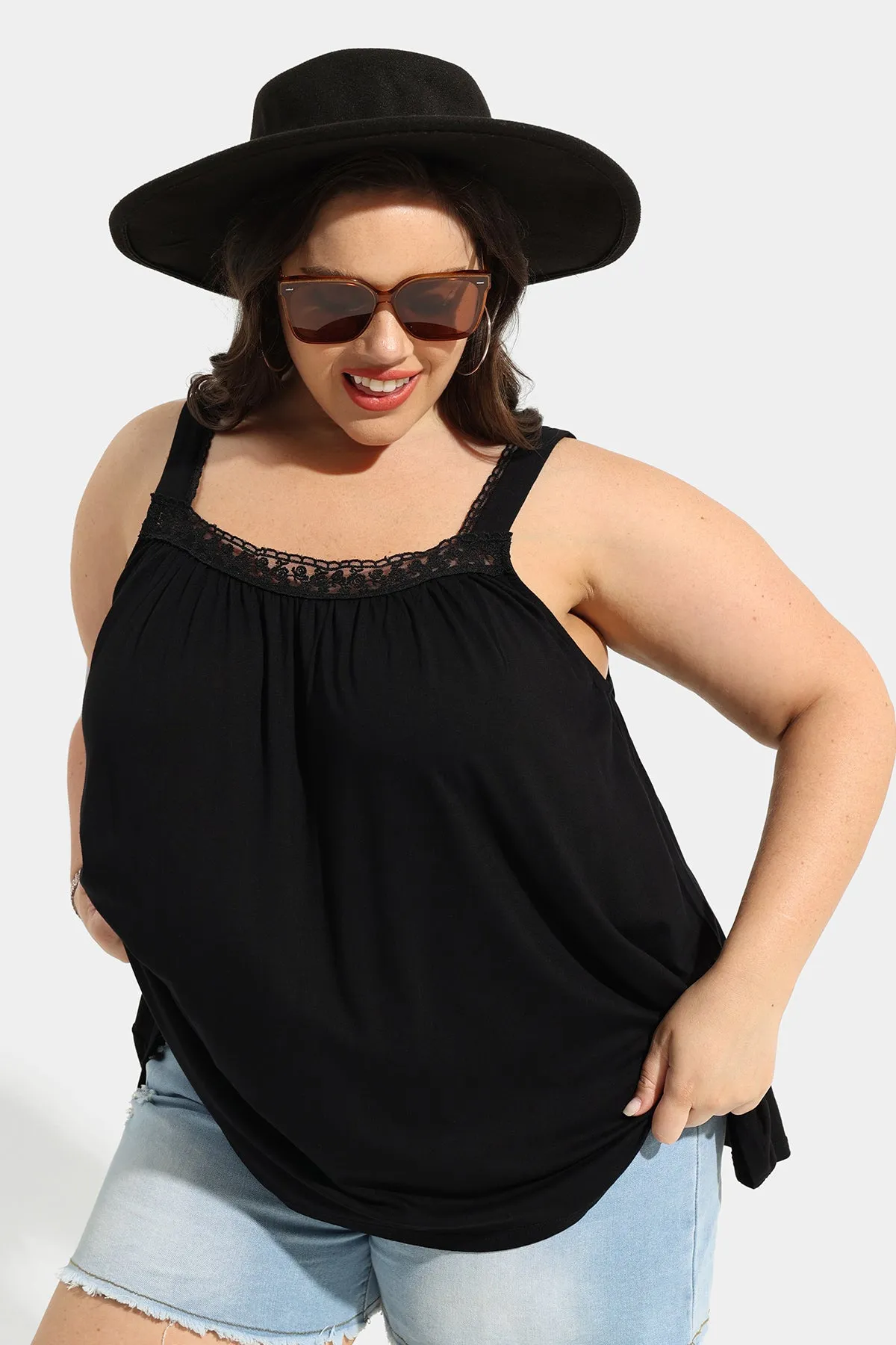 Ritera Sexy Lace Square Neckline Pleated Tunic Tank