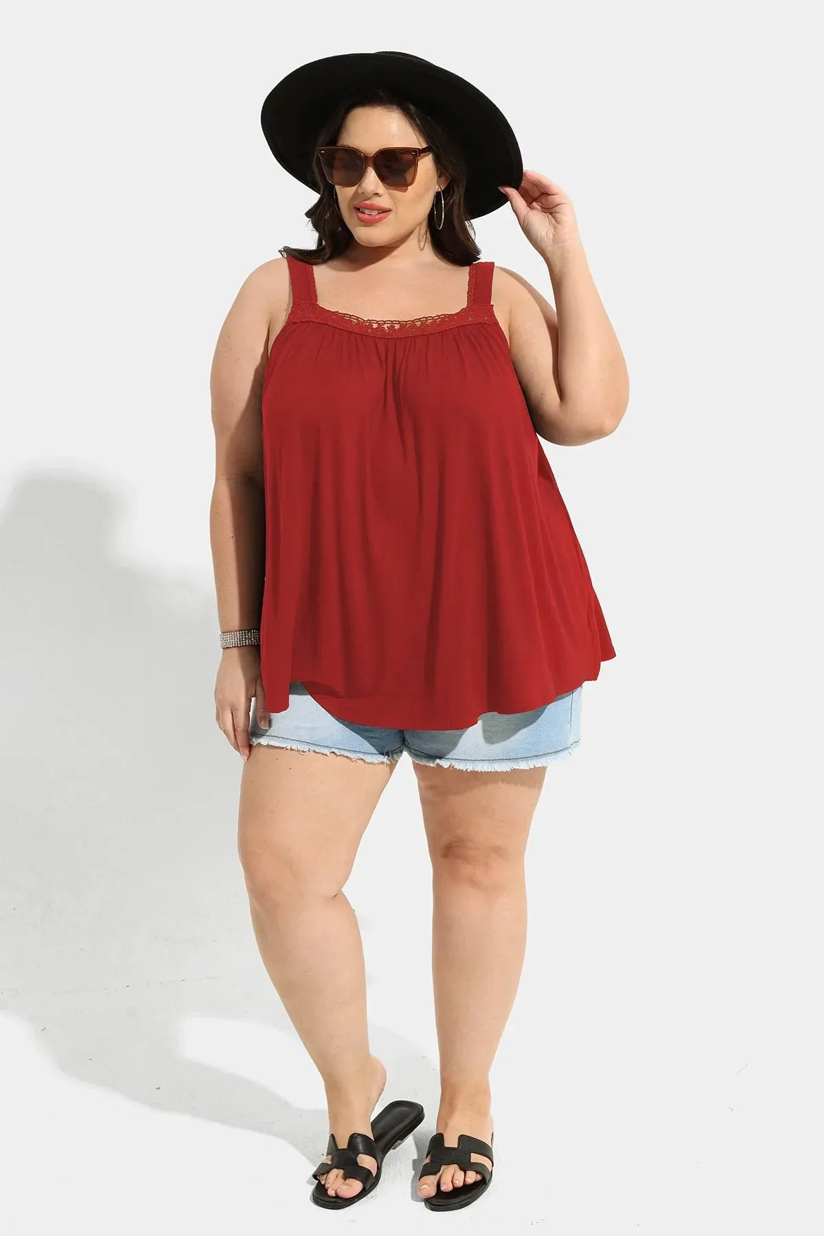 Ritera Sexy Lace Square Neckline Pleated Tunic Tank