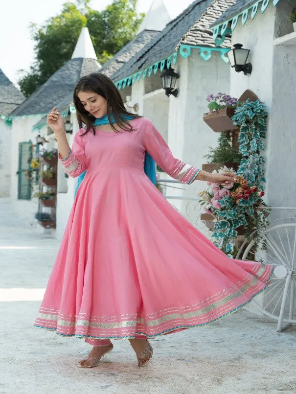 Rose Pink Rayon Flared Anarkali Set (Set of 3)