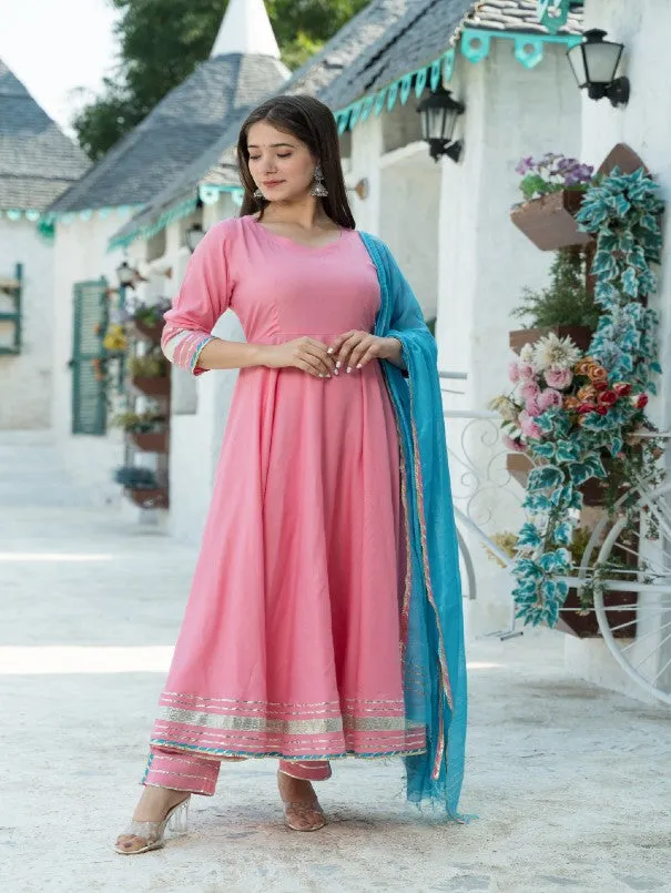 Rose Pink Rayon Flared Anarkali Set (Set of 3)