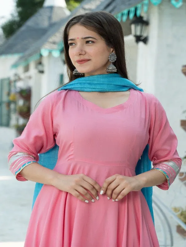 Rose Pink Rayon Flared Anarkali Set (Set of 3)