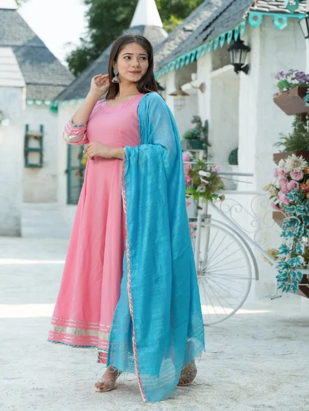 Rose Pink Rayon Flared Anarkali Set (Set of 3)