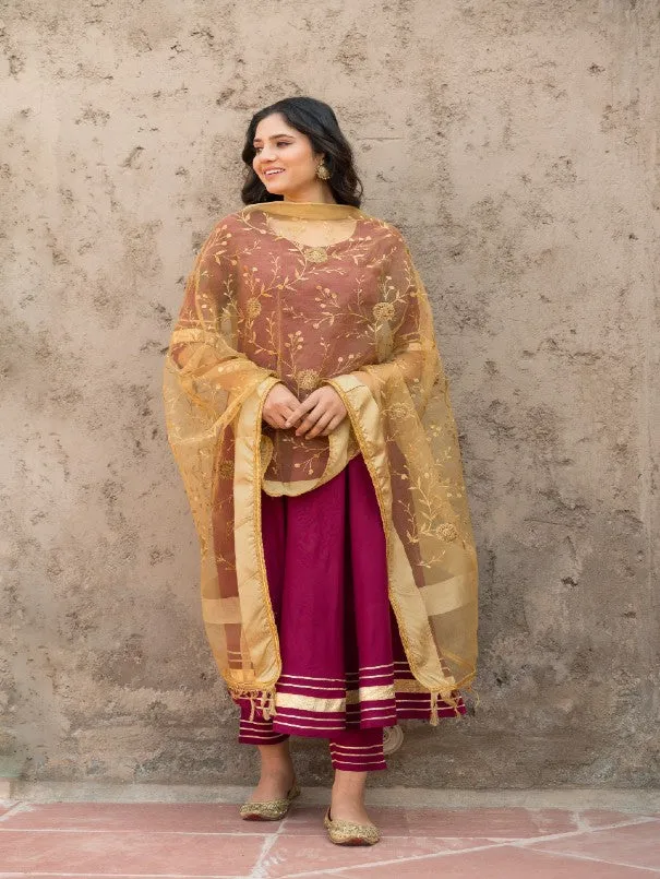 Rosewood Solid Wine Rayon Flared Kurta Set (Set of 3)