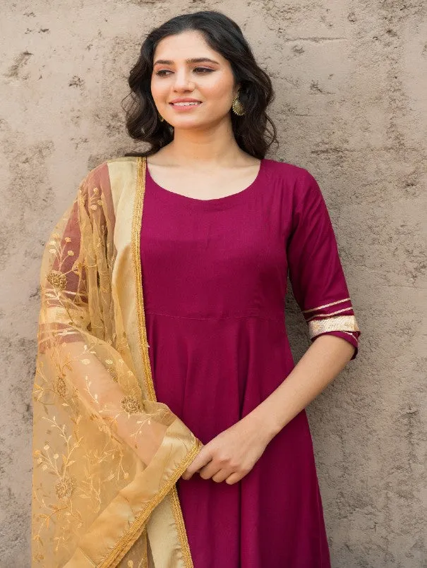 Rosewood Solid Wine Rayon Flared Kurta Set (Set of 3)