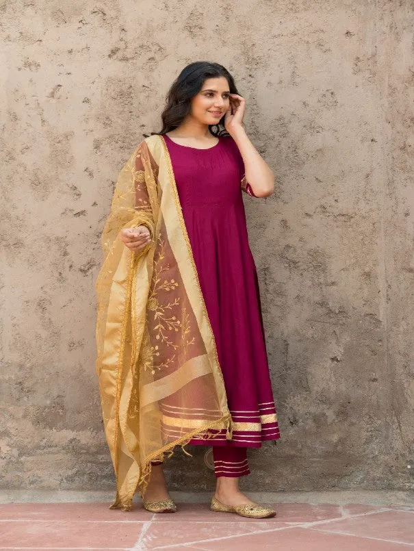 Rosewood Solid Wine Rayon Flared Kurta Set (Set of 3)