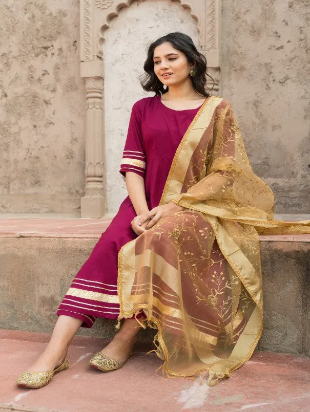 Rosewood Solid Wine Rayon Flared Kurta Set (Set of 3)