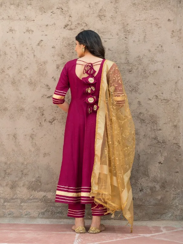 Rosewood Solid Wine Rayon Flared Kurta Set (Set of 3)