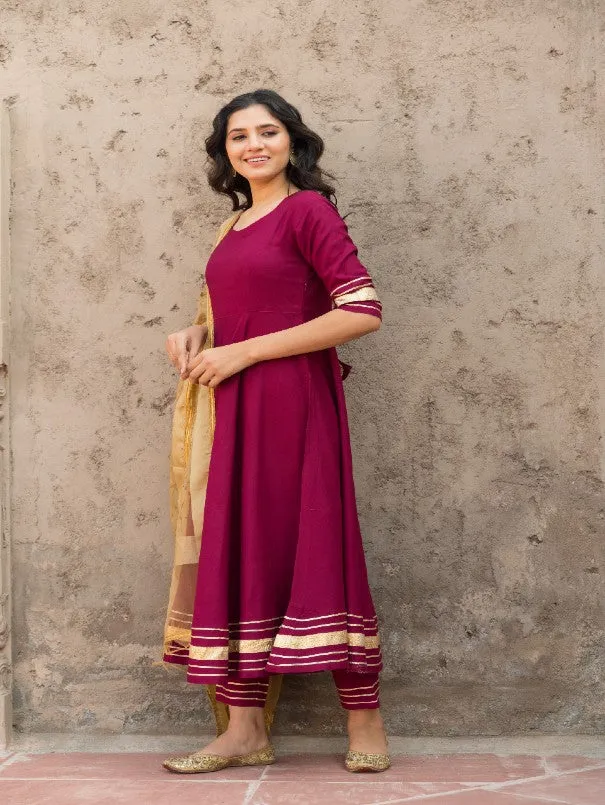 Rosewood Solid Wine Rayon Flared Kurta Set (Set of 3)