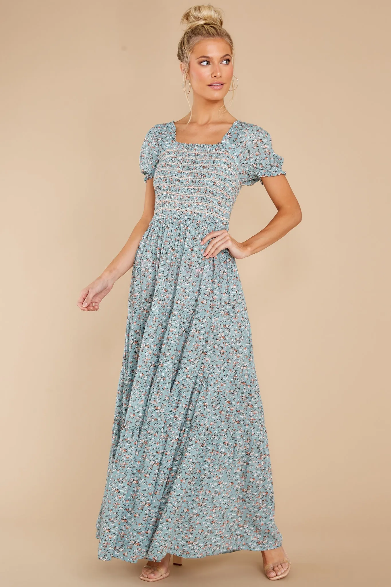 Since Then Dusty Blue Floral Print Maxi Dress