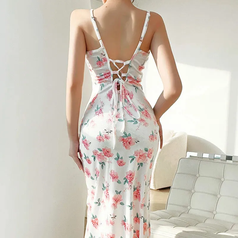 TAVIMART  -  Summer New Slim Sling Rose Print Dress Elegant Sexy Backless Slit Dress Lace-Up Pullover Women's French Style