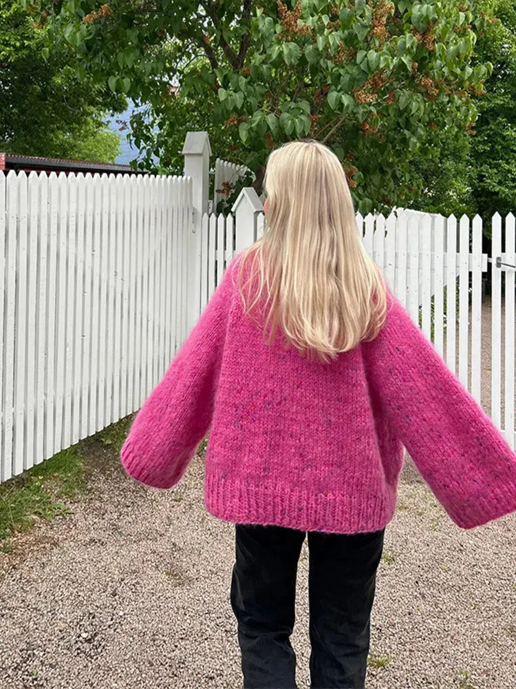 TAVIMART  -  Sweet Rose Red Women Loose O-neck Pullover Elegant Long Flare Sleeve Casual Knitted Sweater Autumn Lady Commute Streetwear
