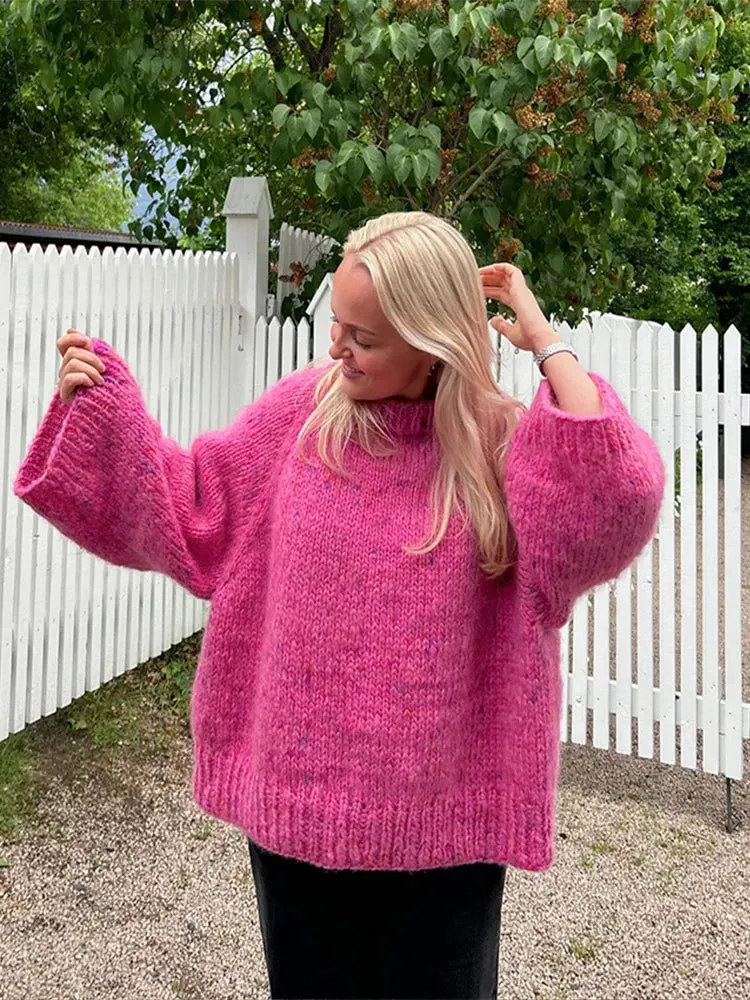 TAVIMART  -  Sweet Rose Red Women Loose O-neck Pullover Elegant Long Flare Sleeve Casual Knitted Sweater Autumn Lady Commute Streetwear