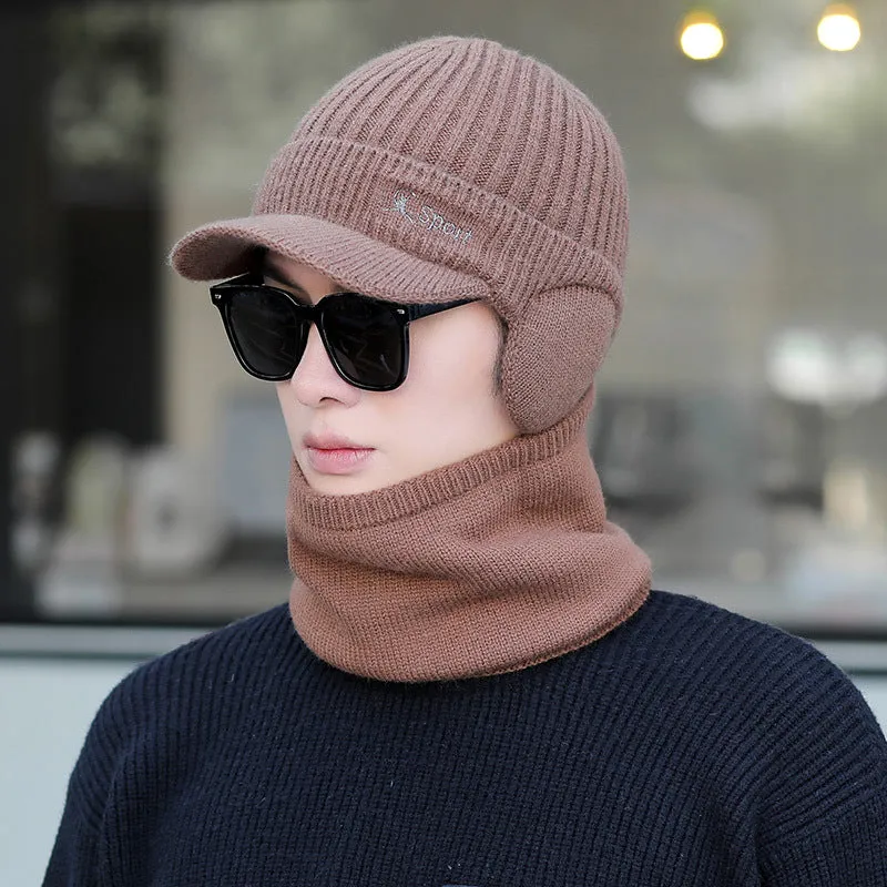 Warm Winter Knit Beanie Hats Fleece-Lined Men's Ear Protection Student Windproof Cycling Scarf Unisex
