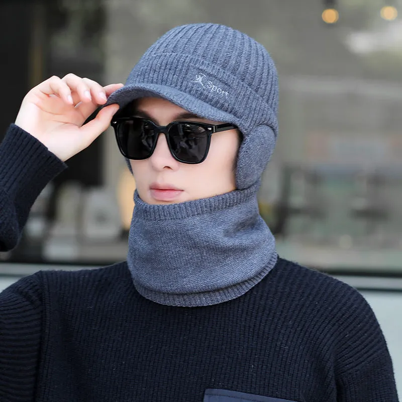 Warm Winter Knit Beanie Hats Fleece-Lined Men's Ear Protection Student Windproof Cycling Scarf Unisex