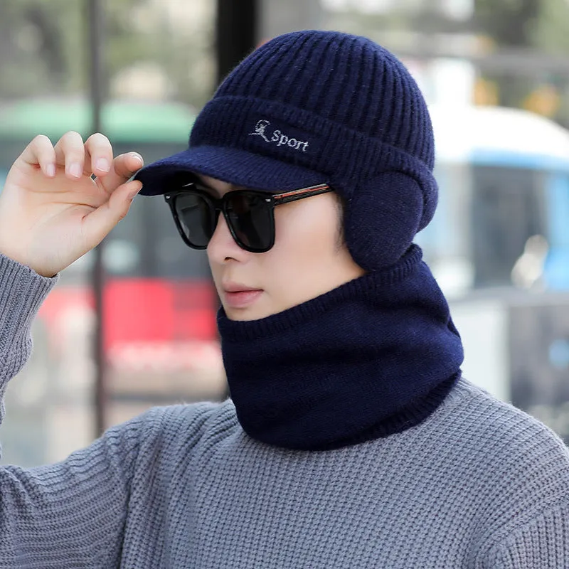 Warm Winter Knit Beanie Hats Fleece-Lined Men's Ear Protection Student Windproof Cycling Scarf Unisex