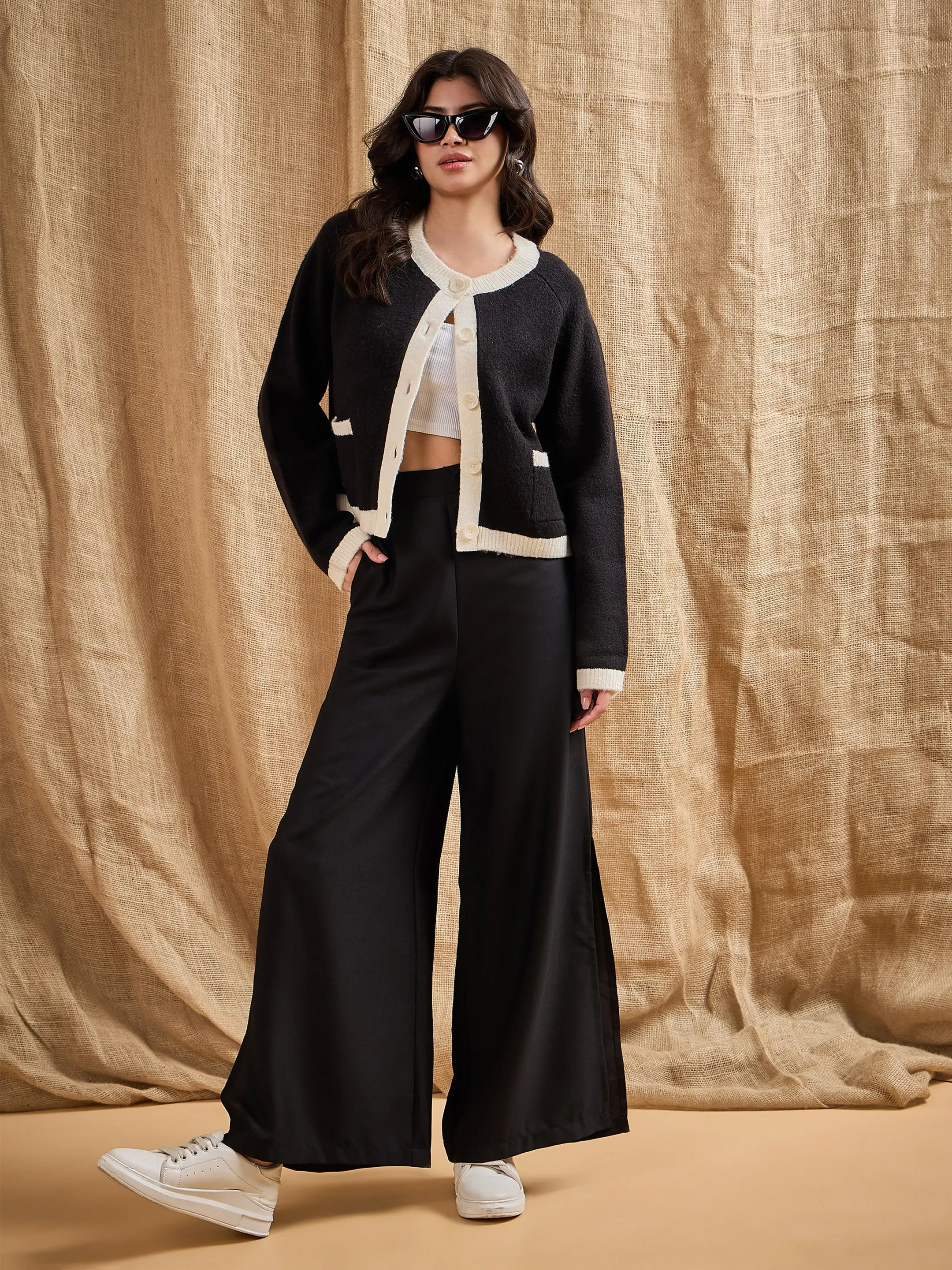 Women Black Side Slit Peekaboo Comfort Pants