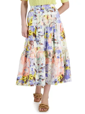 Women's Petite Printed Ruffled Tiered Maxi Skirt,Multi