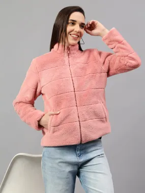 Women's Pink Solid Full Sleeves Winter Jacket