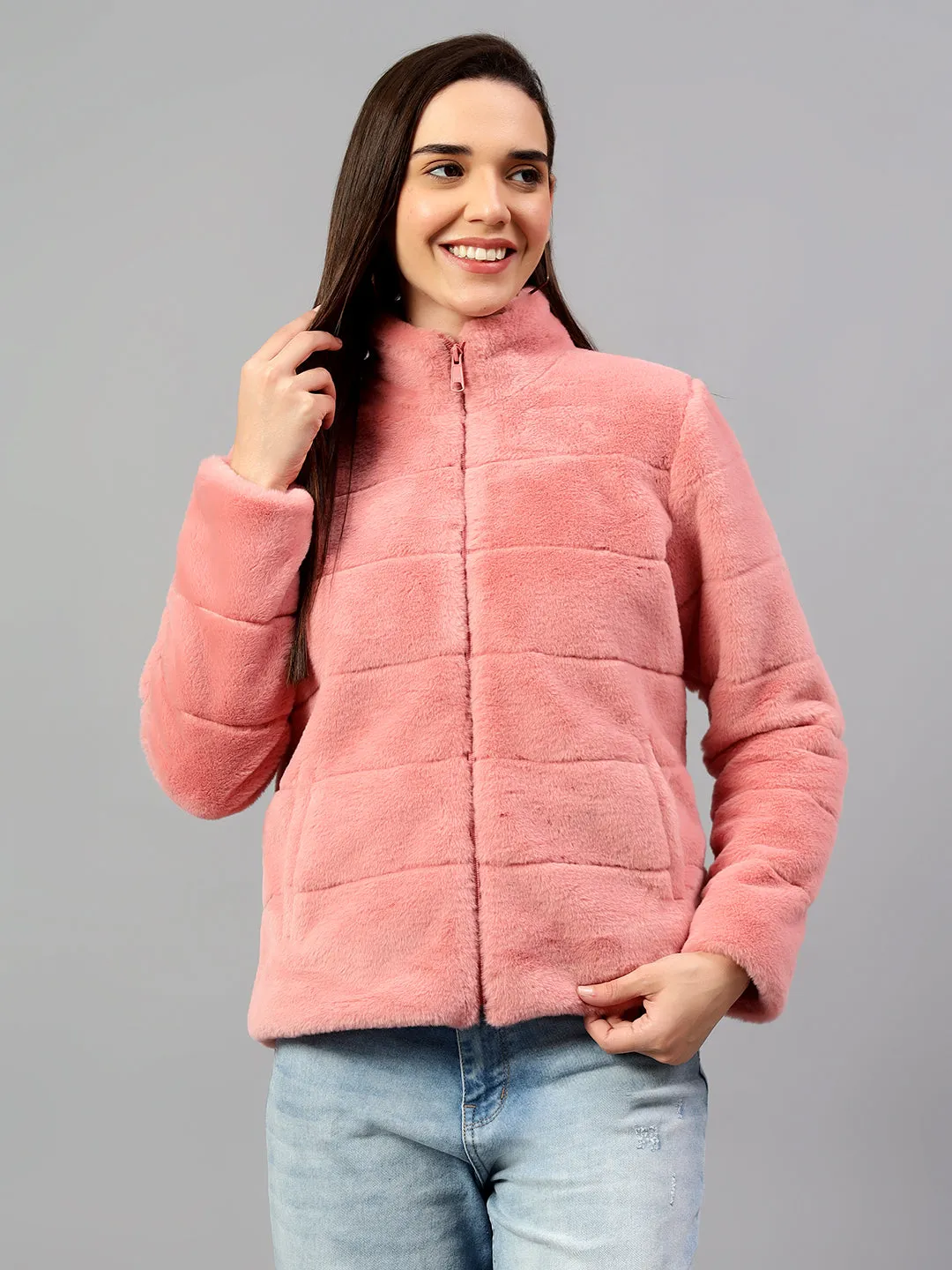 Women's Pink Solid Full Sleeves Winter Jacket