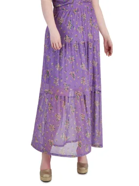 Women's Trendy Plus Size Mesh Floral Printed Maxi Skirt,Purple